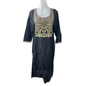 NEW Kashish Women's Black Embroidered 3/4 Sleeve Round Neck Tunic Kurta Dress XL